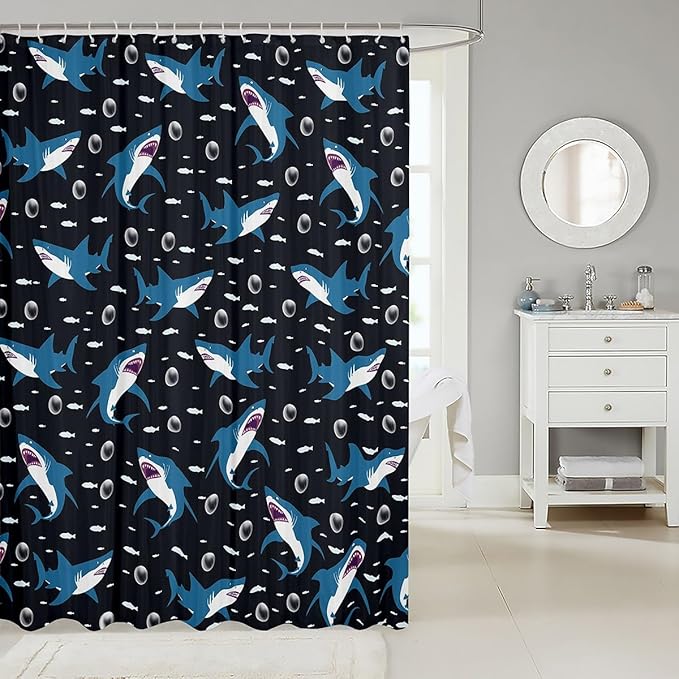 Feelyou Shark Bath Curtain Cute Shark Bathroom Shower Curtain Set for Kids Toddler Boys Girls Cartoon Shark Shower Curtain Shark Ocean Kids Bathroom Accessories 72"x84"