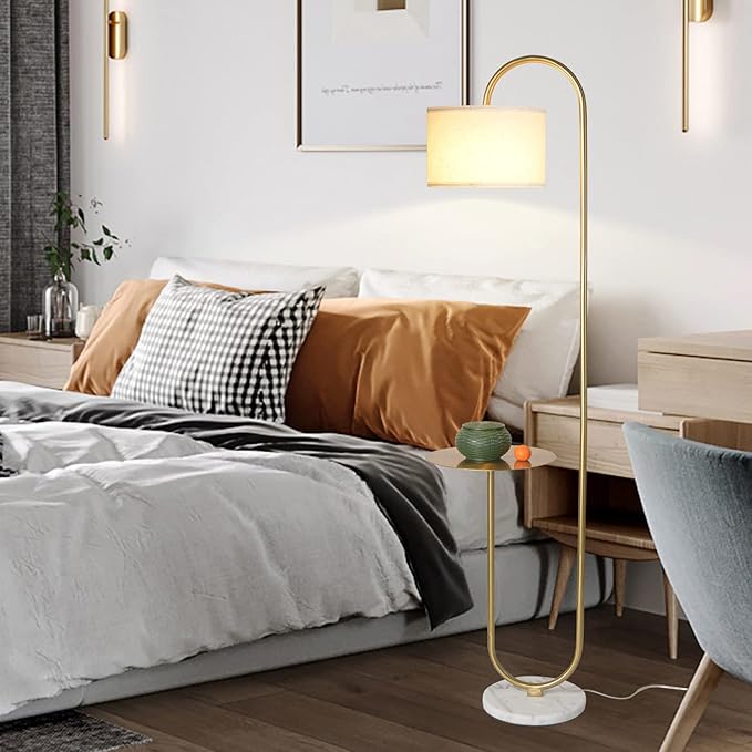 Hsyile KU300271 Arc Floor Lamp with Hanging Drum Shade for Living Room-Marble Base Modern Tall Stand Up Light with Table, Contemporary Over The Couch Gold Lamp Standing Lamps for Bedroom Office