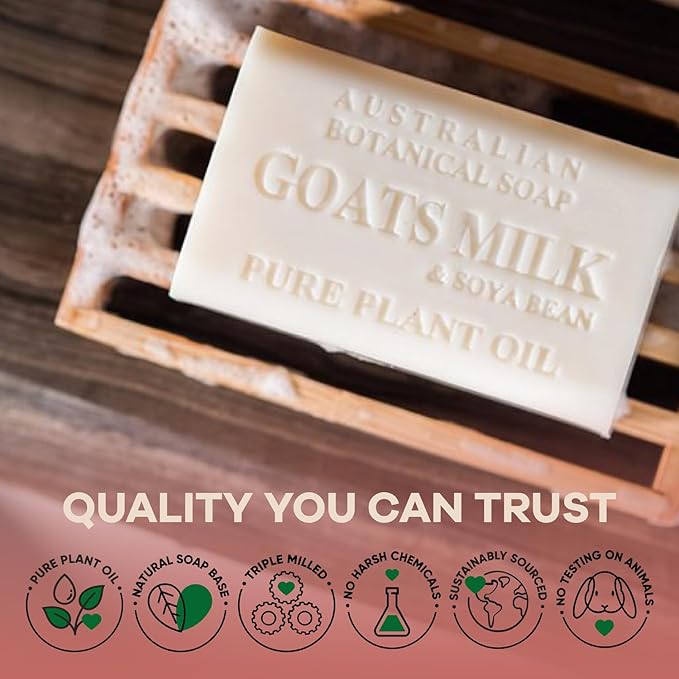 Australian Botanical Soap 7 OZ, Pack of 8, Goat Milk Soap Bars with Soya Bean Oil, Enriched with Organic Shea Butter, Suitable for All Skin Types, Packaging May Vary