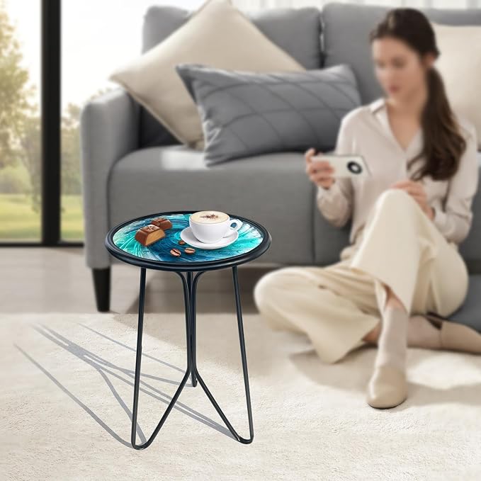LIFFY Patio Side Table, Small Round End Table, Metal Side Table Outdoor, Small Porch Table for Indoor Balcony Furniture Decor (Blue Glass 12inch)