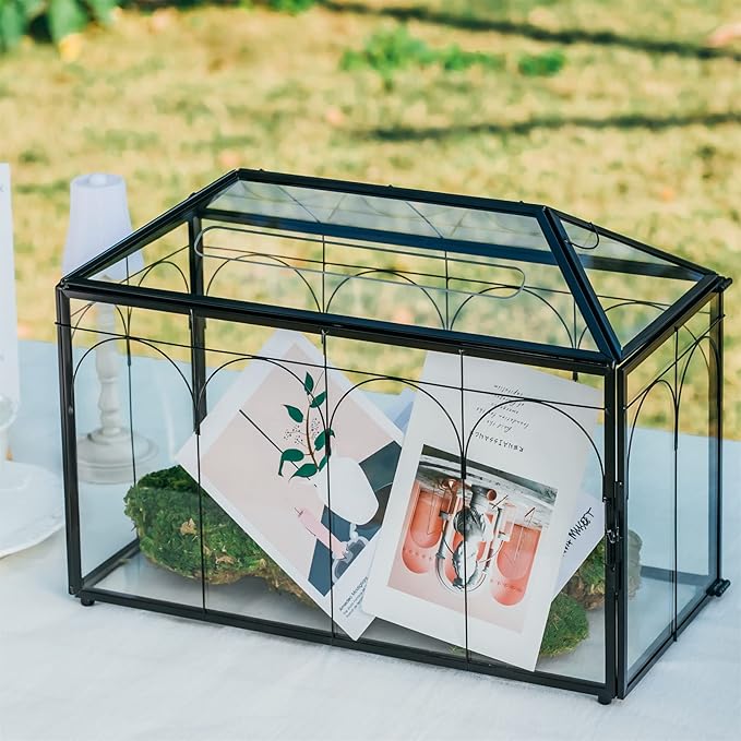 NCYP Wedding Glass Cards Box with Slot and Lock - 12.6" x 5.9" x 9" Vintage Indoor Tabletop Geometric Terrarium, Black Card Holder for Reception, Wishwell, Party Decor (Glass Box Only)