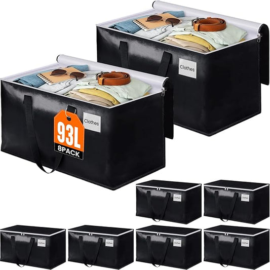 BlissTotes Moving Bags, Heavy Duty Moving Boxes with Zippers Top and Sturdy Handles, Storage Bags for Space Saving and Packing, Collapsible Moving Supplies, Storage Totes (93L, 8-Pack, Black)