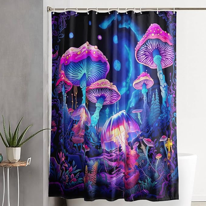 AILONEN Magic Mushroom Shower Curtain,Cartoon Jellyfish Shower Curtain Set for Bathroom,Natural Fungal Bathroom Curtain for Kids Girl,Boho Style Waterproof Fabric Bath Curtain with Hooks, 72" W*72" H