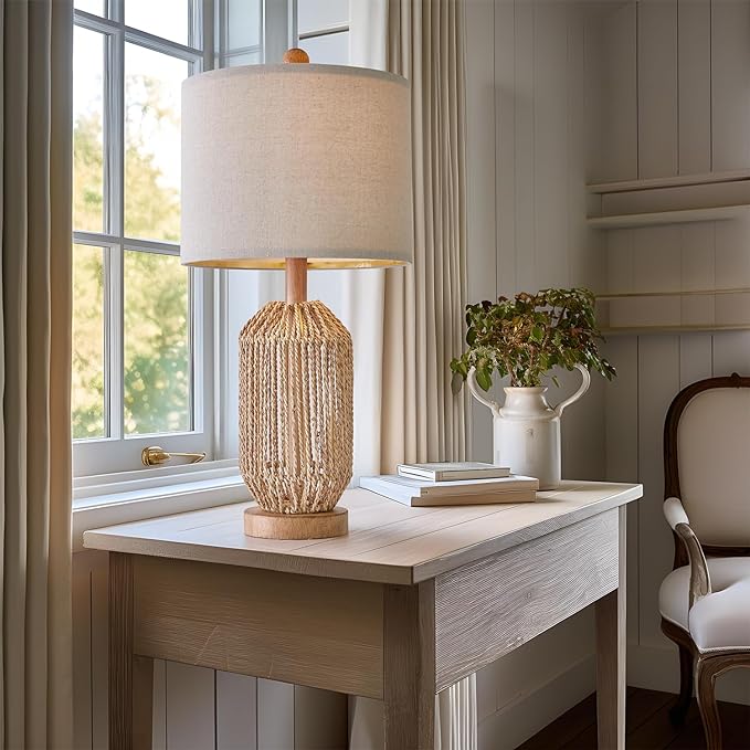 OYEARS 21" Boho Table Lamps Set of 2 for Living Room, Bedside Lamps for Nightstand, Rattan Lamp for Bedroom, Farmhouse Table Lamps for Boho Decor, End Table, Retro, Brown