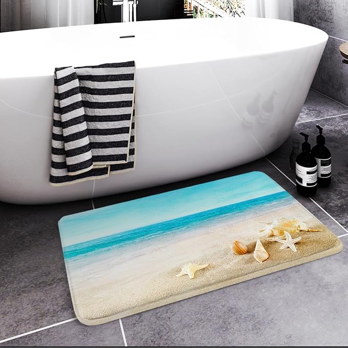 Britimes Bath Mat for Bathroom, Blue Beach Starfish Sea Washable Cover Floor Rug Carpets Floor Mat Bathroom Decorations 20x32 Inches for Kitchen Bedroom Indoor
