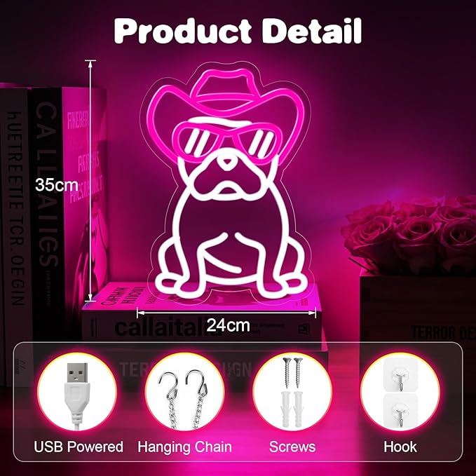 Dog Neon Sign for Wall Decor,Dimmable French Bulldog with Cowboy Hat & Glasses Neon Light,Pink White Puppy Light Up Signs for Pet Shop Bedroom Party Bar Background Decoration
