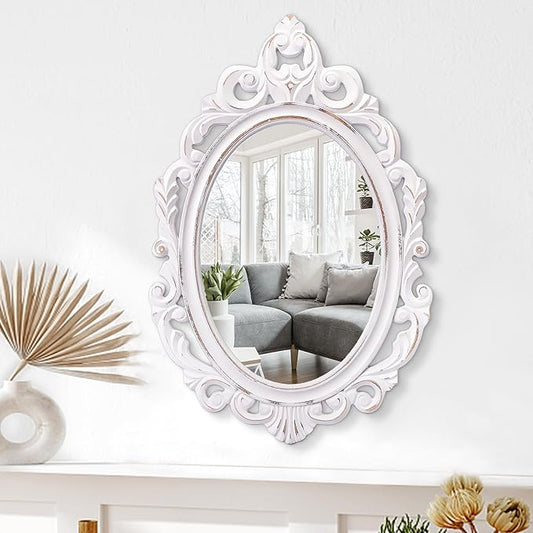 Vintage White Wall Mirror Baroque Style Wall Decor Antique Oval Ornate Accent Wood Bathroom Mirror Vanity Rustic Wall Mounted Mirrors Decorative Farmhouse Mirrors for Bedroom Living Room