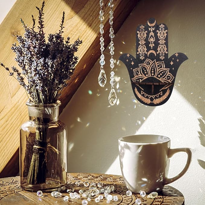 CREATCABIN Hamsa Wall Decor Lotus Wooden Crystal Display Shelf Crystal Holder Shelves Hamsa Hand Wall Mounted Floating Shelf Stand for Witch Stuff Altar Supplies Spiritual Gift Black 9.8 x 11.8Inch
