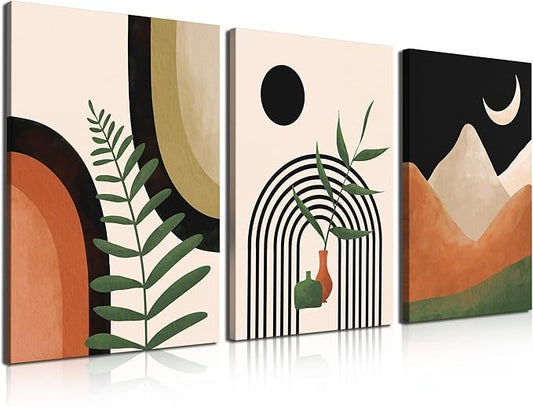 Gisipameis Framed Boho Wall Art Set of 3, Mid Century Modern Decor, Minimalist Black Beige Botanical Bathroom Wall Art 12" x 16" Canvas Prints Ready To Hang for Bedroom Living Room