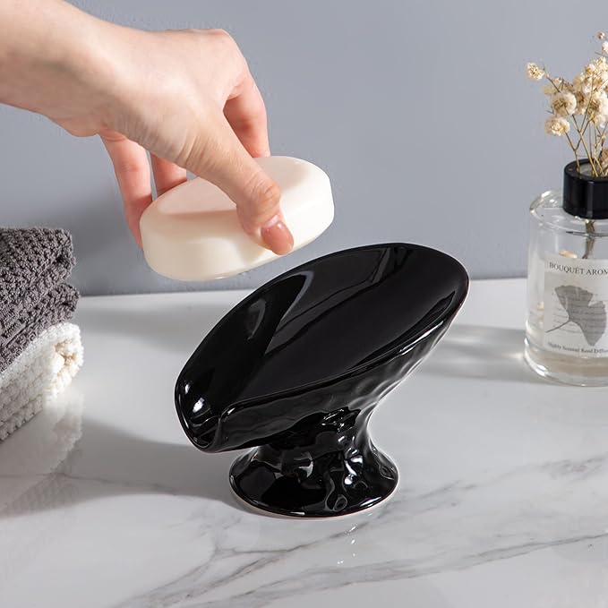 Self Draining Soap Dish, Bar Soap Holder for Shower,Black Ceramic Soap Dishes for Bathroom Kitchen Shower Keeps Soap Dry, Easy to Clean(Gloss Black)