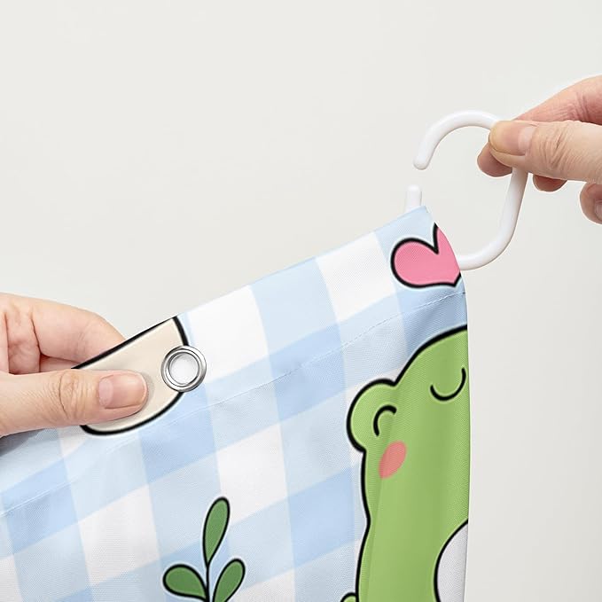 AILONEN Kawaii Frog Shower Curtain,Cute Cartoon Mushroom Frog Bath Curtain,Romantic Frog Couple Hearts Printed Waterproof Blue Stripe Curtain, 72" W x 96" H