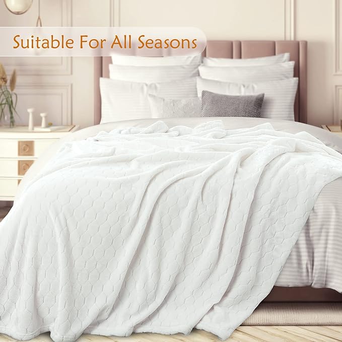 TOONOW Fleece Bed Blanket King Size 90x108 inches, Super Soft Fluffy Fuzzy Plush Blanket Geometric Pattern Cozy Microfiber Flannel Blankets for Couch, Bed, Sofa, Cream White