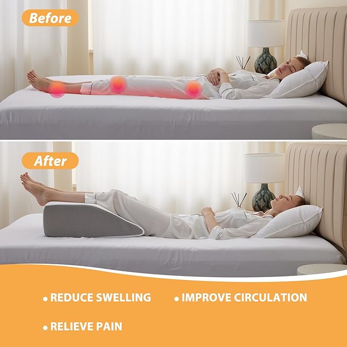 Leg Elevation Pillows, Leg Pillows for Sleeping, Cooling Gel Memory Foam Top, Wedge Pillow for Legs, Leg Wedges for Circulation, Swelling, After Surgery - Removable Cover (10 Inch, White/Grey)