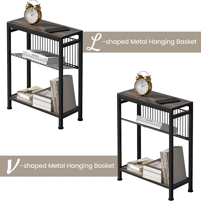 Small Side Table Set of 2 for Small Space, 3-Tier Narrow End Tablewith Magazine Holder,Small Nightstand, Skinny Snack Couch Table in Living Room, Bedroom Study and Balcony(Ash Brown)