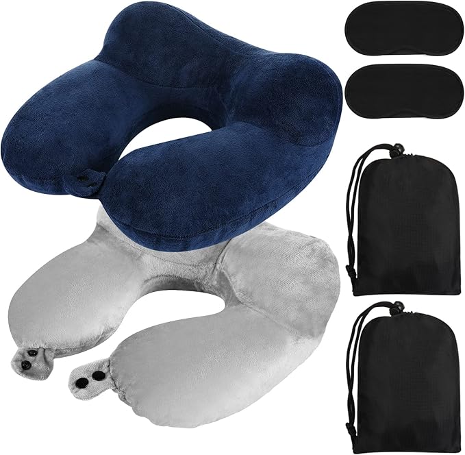 Sintuff 2 Pack Inflatable Travel Pillow for Airplanes Inflatable Neck Pillows with Compact Bag and Blindfold Soft Flight Pillow for Traveling, Airplane, Train, Car, Office(Gray and Blue)