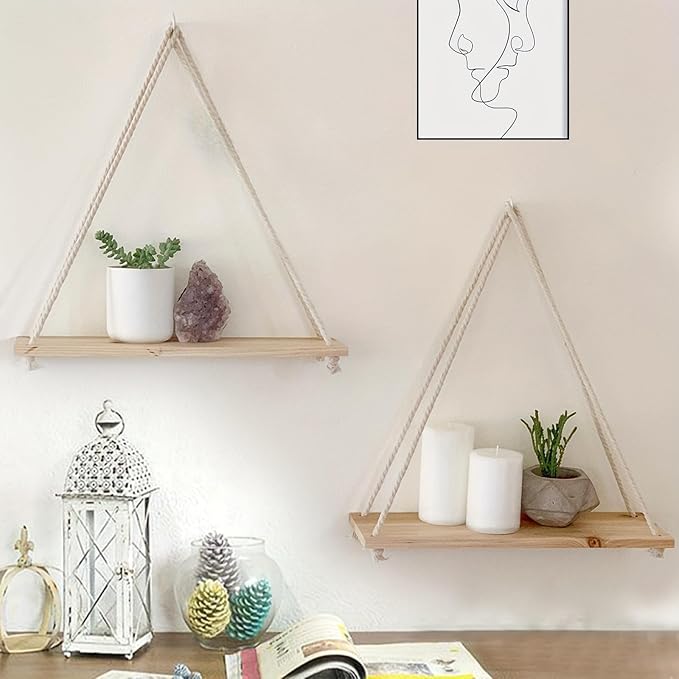 Boho Decor Hanging Shelf, Storage Display Shelves for Hanging Plants Photos, Rustic Wood Floating Shelves for Nursery Bedroom Bathroom Living Room, Wall Decor (Brown)