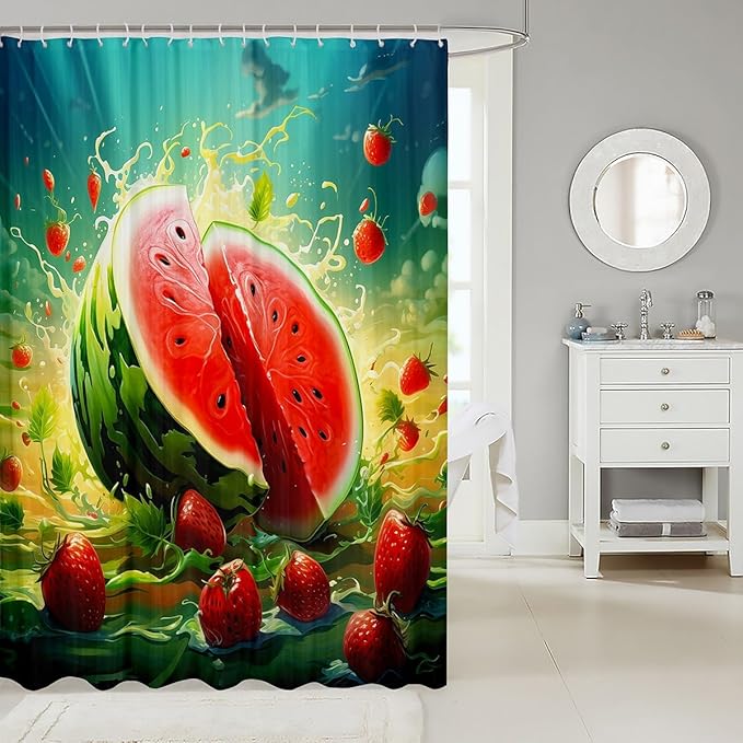 Feelyou Watermelon Shower Curtain Strawberry Fabric Shower Curtain for Kids Boys Girls Fruit Bathroom Waterproof Accessories with 12 Hooks Summer Curtains,72x84 Inches