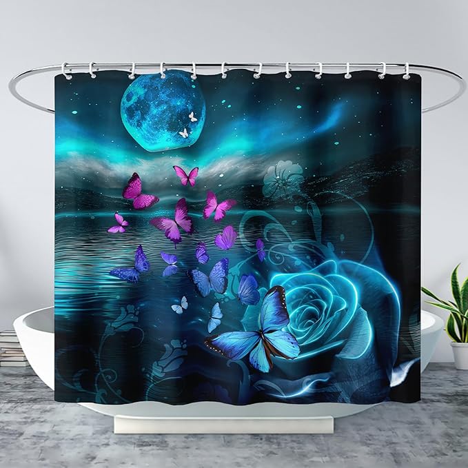 AILONEN Flying Butterfly Shower Curtain for Girls Women,Blue Sky Starry Ocean Sea Rose Bath Curtain 60" W*72" H Polyester Fabric Waterproof Bathroom Curtain with 12 Hooks