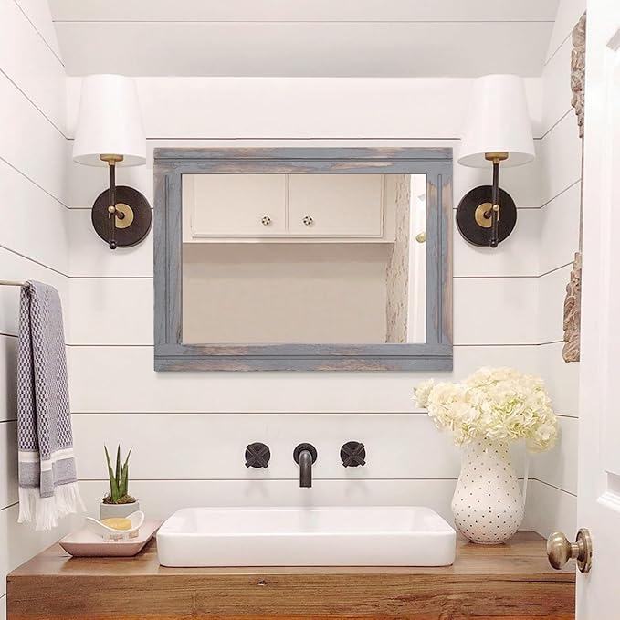 AAZZKANG Wood Framed Mirror Rectangular Rustic Wall Mirrors Decorative Large 26"x18" for Farmhouse Bathroom Living Room Bedroom Grey