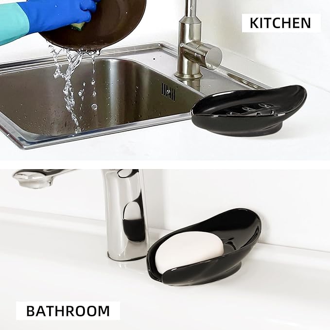 Soap Holder, Self Draining Soap Dishes 2PCS, Leaf Shape Ceramic Bar Soap Holder Drain Soap Dishes for Bathroom Sink Kitchen, Easy to Clean Keeps Soap Dry, Black, ANTIS'S HOME