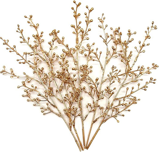Artificial Golden Berry Stem Decor, Faux Glitter Flowers Stems Branches Plants Fake Berries Sticks Plant for Indoor Wedding Bouquet Party Wreath Crafts Gift Christmas Tree DIY Decoration - Gold 6 Pcs