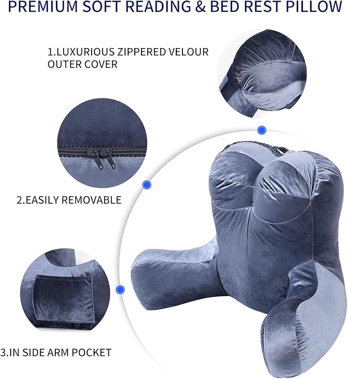 Reading Pillow 31”Wx21”H Back Pillow for Bed Sitting Up, Bed Pillow with Shredded Memory Foam with Arm Backrest, Back Support Pillow with Leg Pillow and Pocket for Reading/Gaming/Relaxing