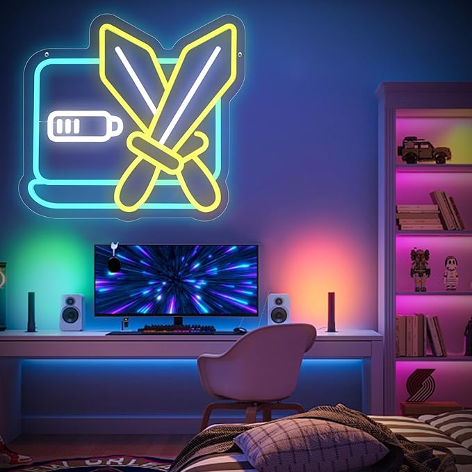 Neon Sign for Wall Decor, Gamer Neon Light for Man Cave, Crossed Swords LED Sign with Dimming Switch for Boys Kids, Teen Gaming Room, Bedroom, Bar Decor, Party Decorations, 5V USB Power Adapter