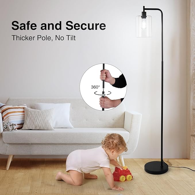 Industrial Floor Lamp, Dimmable Modern Standing Lamp with Clear Glass Shade, Black Tall Lamp with Remote & Foot Control, LED Bright Corner Lamp with 6W Bulb for Living Room Bedroom Office…