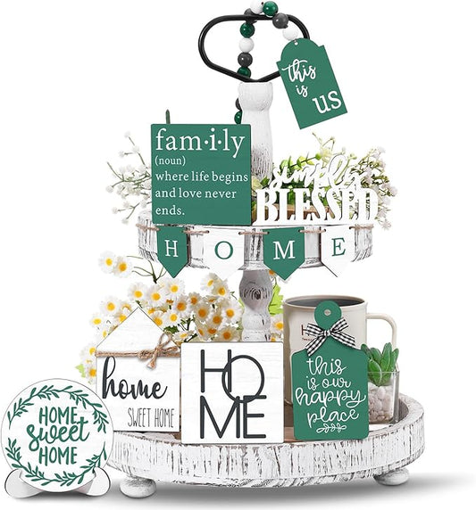 Set of 11 Spring Farmhouse Tiered Tray Decor Rustic Spring Home Tiered Decorations Set Home Wooden Signs Green Farmhouse Tabletop Wood Trays for Decorative Trays