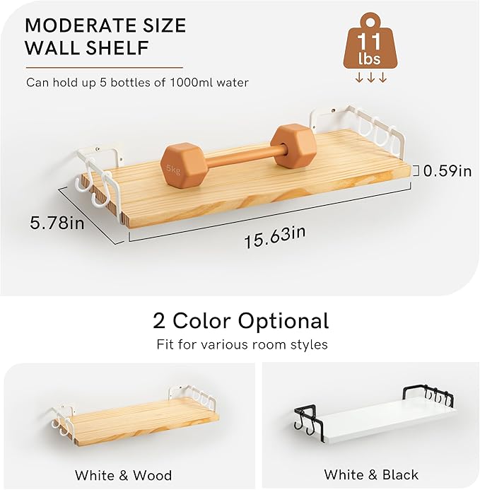 Gronda Floating Shelves for Wall Storage Shelf with White Brackets for Bathroom Kitchen Laundry Over Toilet Wooden Hanging Organizer Rustic Boho Decor for Bedroom Living Room, Set of 2