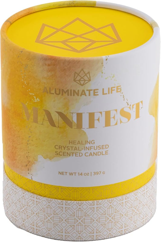 Luxury Glass Jar Candle, 14.5 OZ, Manifest - Citrine, Tiger Eye & Clear Quartz Crystal Infused - Scents of Orange, Neroli, Sandalwood, & Musk - Intention, Belief, & Action, Natural