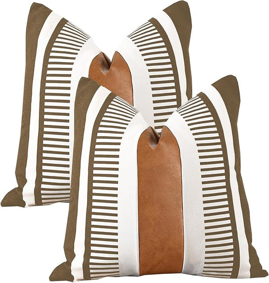 Pack of 2 Farmhouse Decorative Throw Pillow Covers 18x18 Modern Faux Leather Accent Cushion Cover,Rustic Stripe Pillowcase for Living Room Sofa Bed Chair Boho Decor