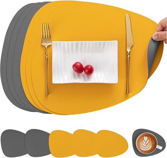 Myir JUN Placemats, Dual-Sided Placemats Waterproof Faux Leather Placemats Set of 6 Place Mats and Coasters Non-Slip Washable Table Mats for Dining Table (Gray Yellow, Set of 6)
