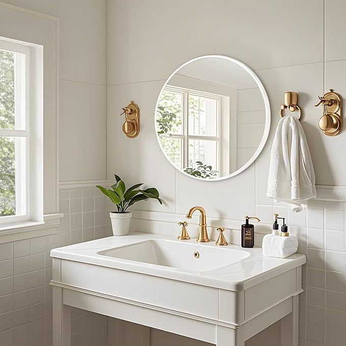 Fabuday White Round Mirror for Bathroom - Small 18 Inch Circle Mirror for Wall Decor with Matte Frame, Living Room, Bedroom, Entryway Circular Mirror