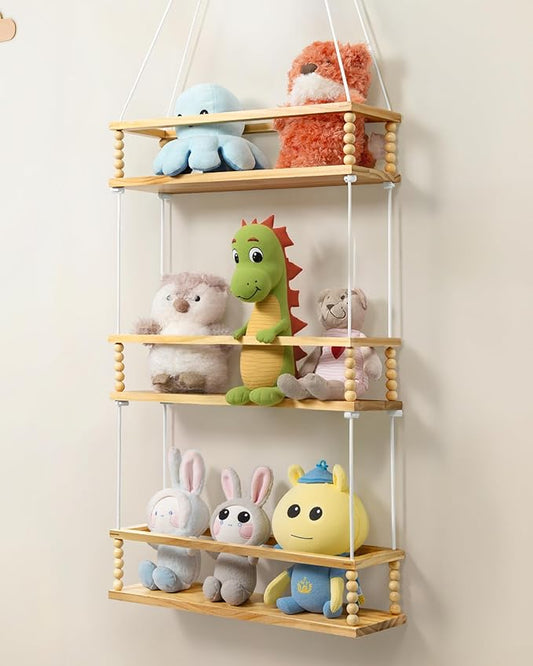 Gronda Stuffed Animal Storage 3 Tier Hanging Toy Organizer Adjustable Stuffies Animals Hammock Plush Holder Nursery Decor Wooden Floating Shelf for Kids Room Bedroom Living Room Nursery