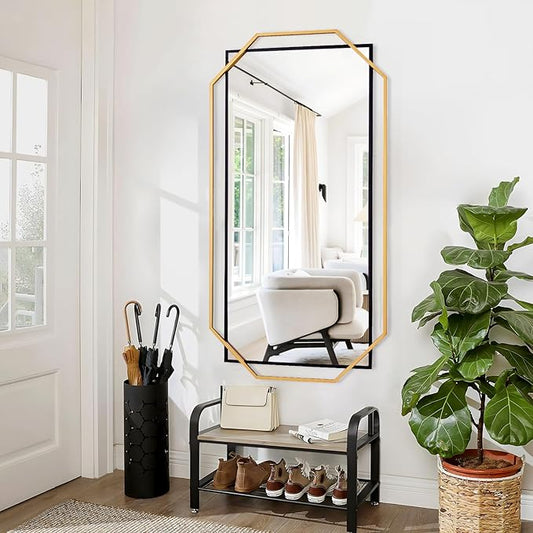 Black Large Decorative Vanity Wall Mirror with Gold Metal Frame, Modern Accent Horizontal Mirror for Living Room, Bedroom, Entryway (55"x28")
