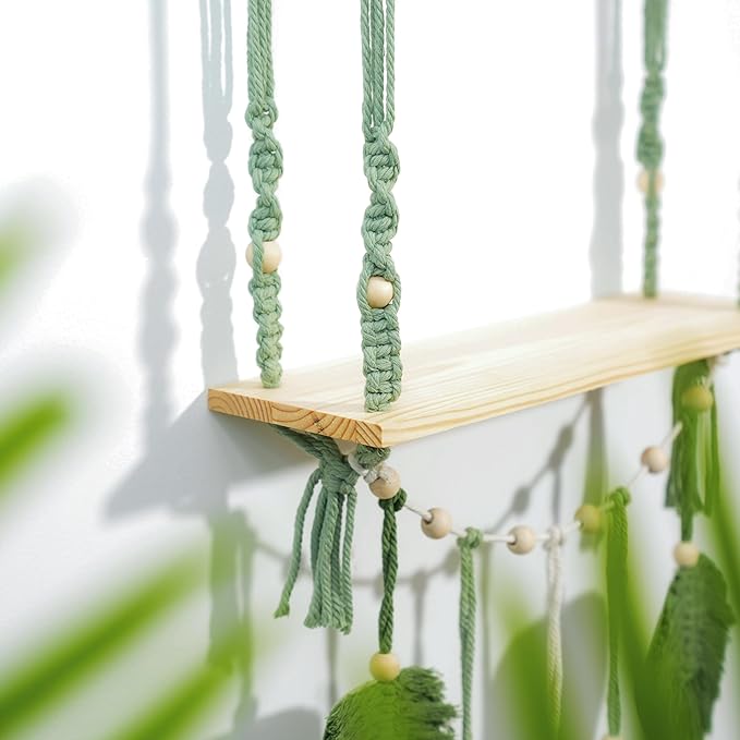 Macrame Wall Hanging 2-Tier Shelf, Boho Floating Wooden Shelves with Green Woven Rope and Leaf Decor,Plant Display for Bedroom, Dorm, Nursery, Living Room, and Bathroom Wall Decor