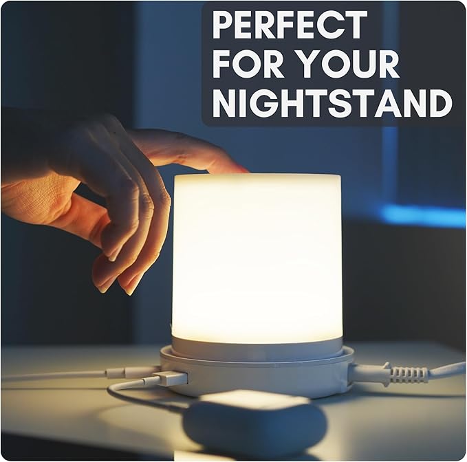 Macally Small Bedside Lamp with USB Ports (USB C + A) - Fast Charging Bedside Light and 3 Way Dimmable Touch Lamp for Nightstands - Great as a Night Light and Charger for Bedrooms