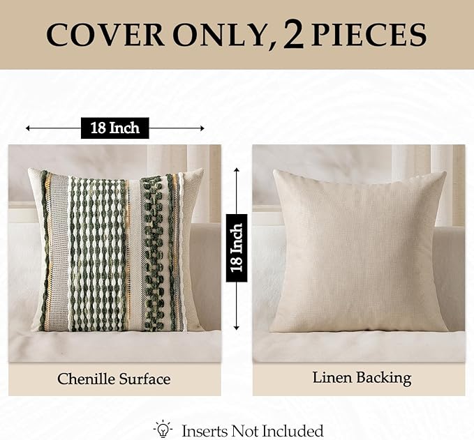 ANRODUO Pack of 2 Boho Decorative Throw Pillow Covers 18x18 Farmhouse Cushion Case Striped Chenille Pillow Cases Square Pillow Covers Accent Neutral Pillowcase for Sofa Couch Bed, Olive Green Stripe
