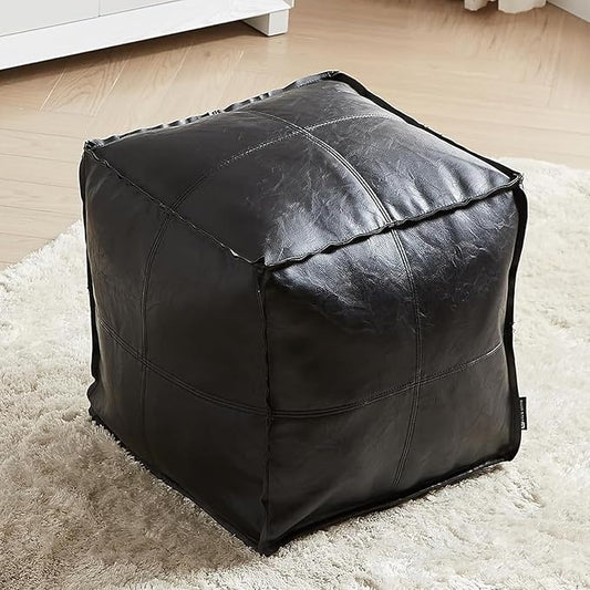 Louis Donné Unstuffed Pouf Cover, Handmade Faux PU Leather Moroccan Pouf Ottoman, Black 17.7" Square Ottoman Foot Rest for Living Room, Floor Chair for Christmas Decorations, ONLY Cover