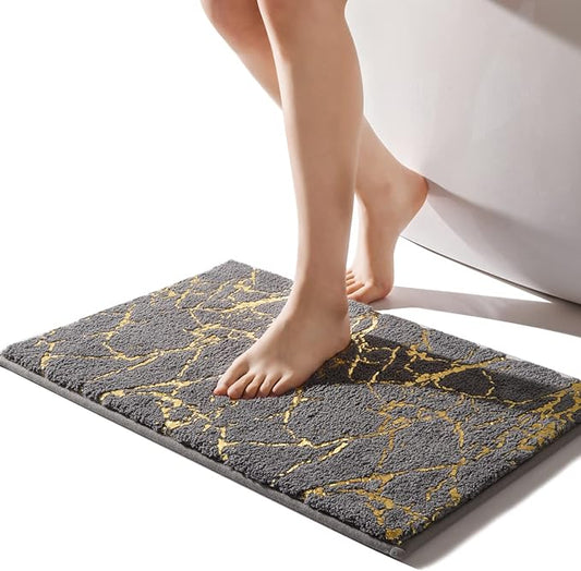 QJHOMO Marble Bathroom Rug Gray and Gold Decor Bathroom Rugs Non Slip Bath Mat Super Absorbent Microfiber Plush Bathmat Machine Washable Floor Carpet for Tub, Shower, Bedroom (16x24 inch)