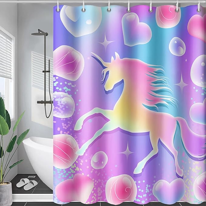 AILONEN Girls Unicorn Shower Curtain for Bathroom, Pink Hearts Rainbow Unicorn Bath Curtain,Cute Unicorn Kids Shower Curtain 48" W*72" H Polyester Waterproof Bathroom Curtain with 12 Hooks