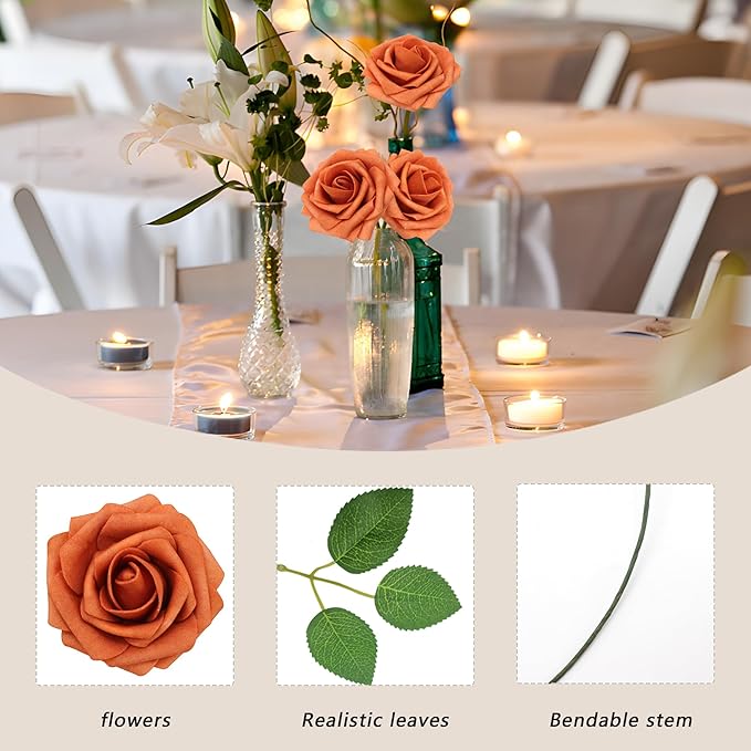 50PCS Artificial Flowers Burnt Orange Roses Real Looking Foam Fake Roses with Leaves and for DIY Wedding Bouquets Bridal Shower Centerpieces Party Decorations (Burnt Orange)