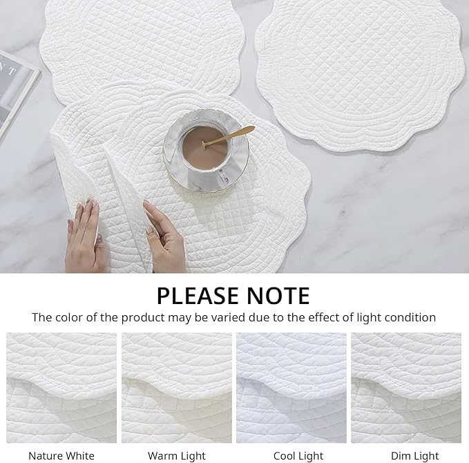 HOMBYS Quilted Placemats Set of 6 Washable Round Placemats for Kitchen Table-100% Cotton Fabric 13 Inch Round Table Mats, Cotton Fabric with Microfiber Filling, (13"x13", Pure White)