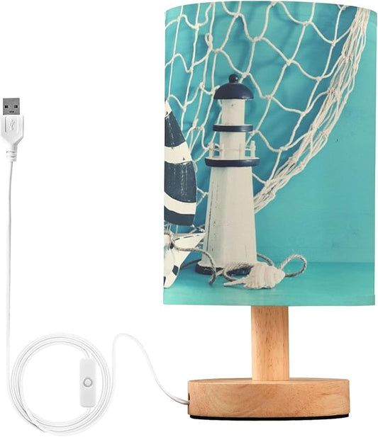 Table Lamp Nautical Sailboat Lighthouse Seashell Fishnet Blue Wood Nightstand Lamp with Wood Base Fabric Lamp Shade Bedside Desk Lamp for Living Room Bedroom Kids Room Office