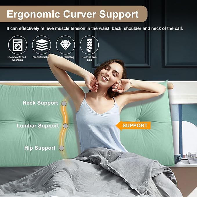 Large Triangular Headboard Pillows Long Backrest Positioning Support Bolster Cushion for Daybed Fluffy Quality Plush Body Wedge Pillow with Removable Cover(Light green-Full-54x8x20in)