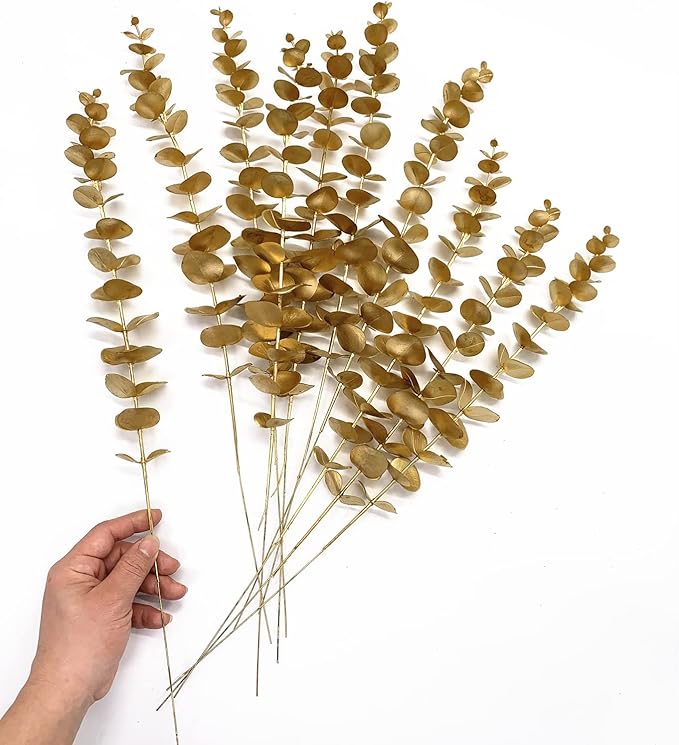 CATTREE Artificial Gold Eucalyptus, Faux Plastic Golden Plants 19" Tall 10 Pcs, Wreath Decorations Fake Shrubs for Wedding Hotel Hall Party Indoor Home Table Centerpieces DIY Decor Planting Filler