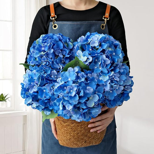 Royal Blue Fake Hydrangea Artificial Flowers, 5Pcs 20Inch Large Lifelike Silk Artificial Hydrangeas, Full Fake Flowers for Bouquet Table Centerpieces Wedding Indoor Home