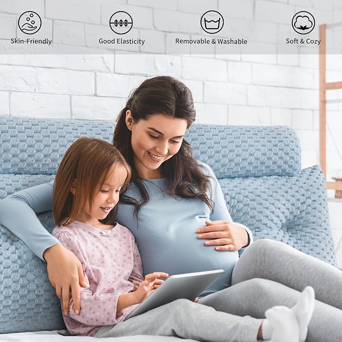 Wedge Headboard Pillow - Bed Wedge Pillow for Headboard Triangular Headboard Pillow with Neck Roll Pillow-Large Bolster Pillow for Sitting in Bed Backrest Positioning Support (Blue,76x8x20 Inches)