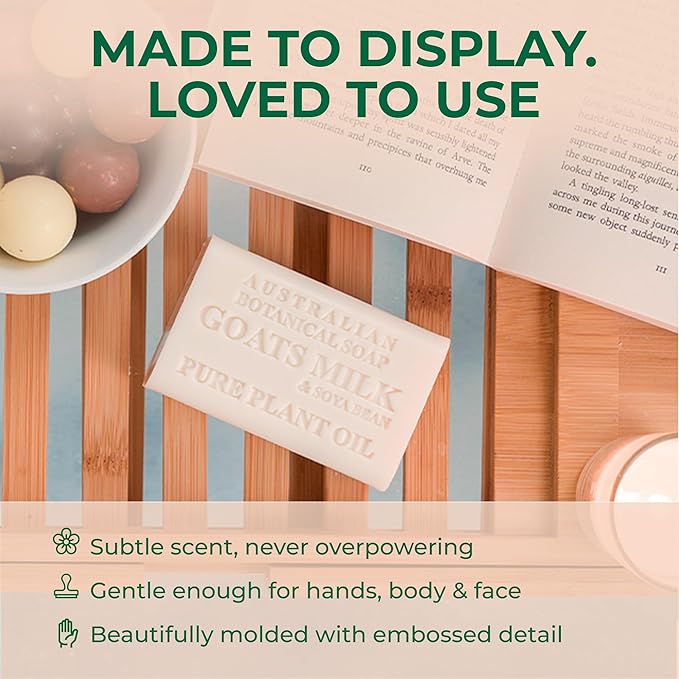 Australian Botanical Soap Goat Milk Soap Bar Triple-Milled Vegan Cleanser with Shea Butter & Soya Bean Oil – Gentle Hydration for Sensitive Skin 6.8 oz – 1 Pack